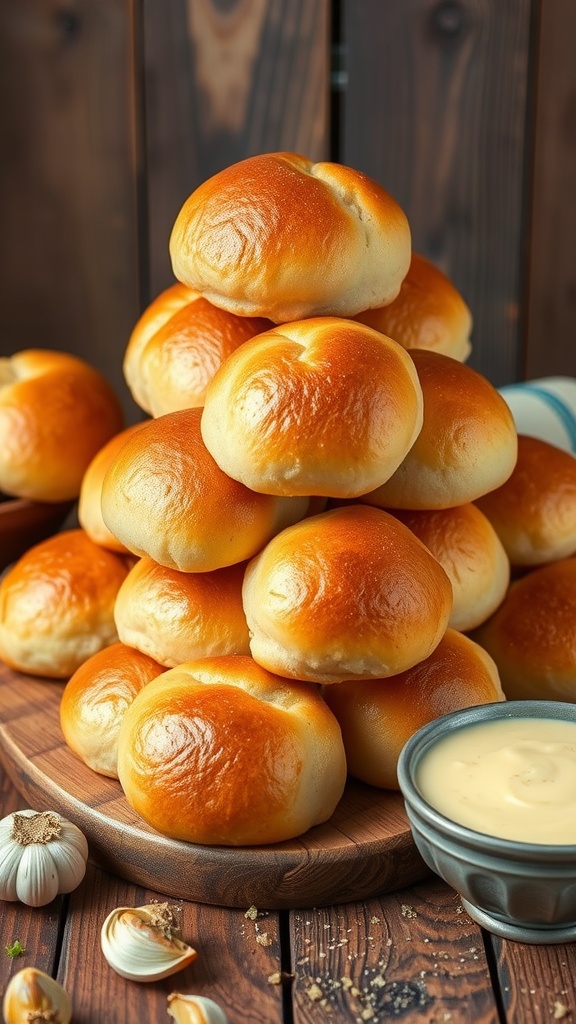 Soft and Fluffy Garlic Dinner Rolls Recipe Golden brown garlic dinner rolls brushed with garlic butter on a wooden table with a bowl of garlic butter.